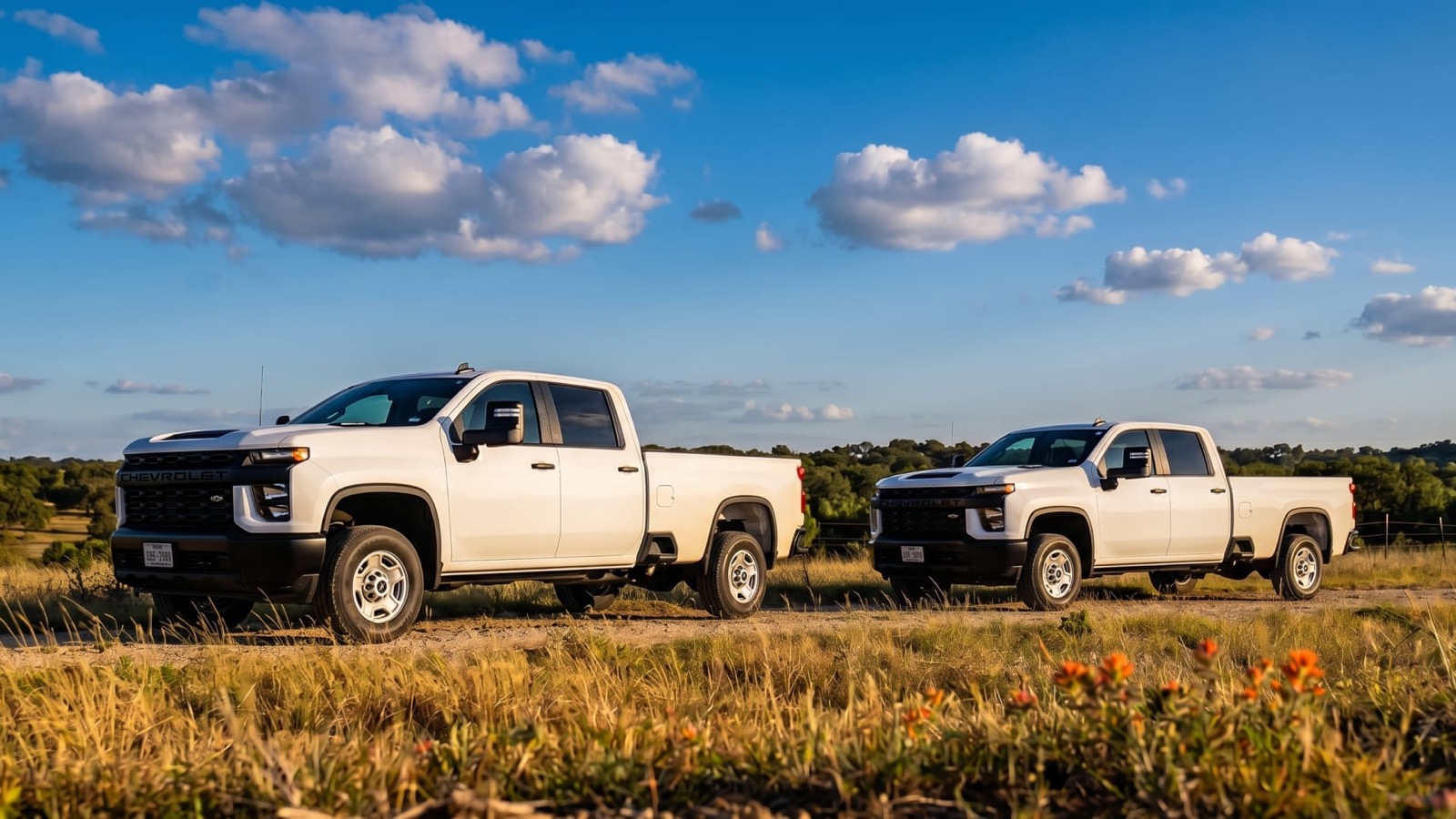 Two white pickups before their wrap