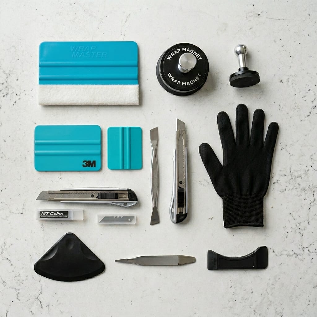 Wrap tools and supplies laid out on a workbench